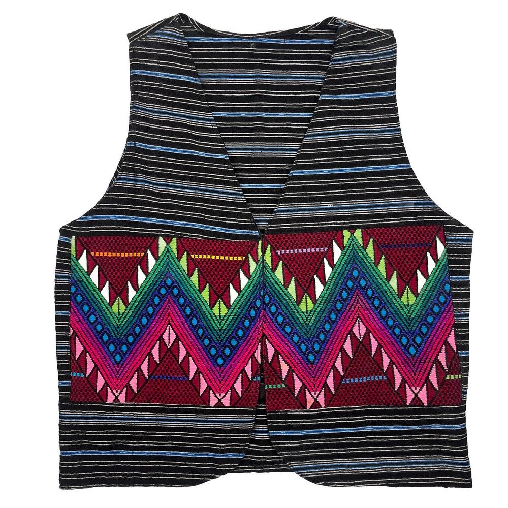 Vintage Hand Crafted Stripe Cotton Vest Chevron Embroidery Unisex Size Medium